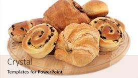  Presentation with pastries - Theme enhanced with chocolate and plain croissant and brioche french breakfast pastries on a wooden board over white background background and a coral colored foreground