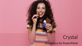  Presentation with curly hair - Slide deck having chocolate bar isolated over pink background and a coral colored foreground