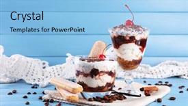  Presentation with tiramisu - Beautiful PPT layouts featuring tasty tiramisu dessert in glasses on color wooden background backdrop and a light blue colored foreground