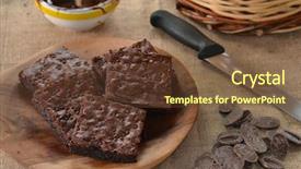  Presentation with coffee and sweet chocolate brownies - Theme with chocolate brownies dish and ingredients background and a tawny brown colored foreground