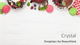 Presentation with tea cake - Presentation theme consisting of chocolate cake and cheesecake with berries and tea on wooden table with copy space top view flat lay background and a white colored foreground