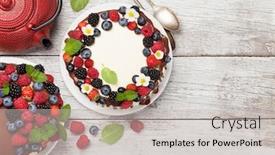  Presentation with tea cake - Audience pleasing PPT theme consisting of chocolate cake and cheesecake with berries and tea on wooden table with copy space top view flat lay backdrop and a light gray colored foreground