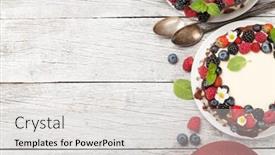  Presentation with tea cake - Cool new theme with chocolate cake and cheesecake with berries and tea on wooden table with copy space top view flat lay backdrop and a light gray colored foreground