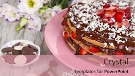  Presentation with cake - Presentation theme consisting of chocolate-cake-on-wooden-table background and a coral colored foreground
