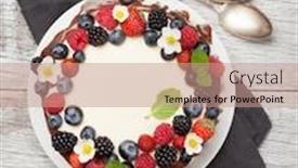  Presentation with cheesecake - PPT theme consisting of chocolate cake or cheesecake with berries on wooden table top view flat lay background and a coral colored foreground