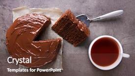  Presentation with tea cake - PPT layouts having chocolate cake with a cut background and a tawny brown colored foreground