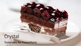  Presentation with chocolate dessert - Presentation theme featuring chocolate cake with sour cherries piece of cake on a plate sweet food sweet dessert close up background and a coral colored foreground