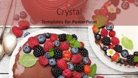  Presentation with cheesecake - Presentation theme featuring chocolate cheesecake with berries and tea on wooden top view flat lay background and a red colored foreground