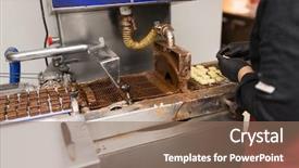  Presentation with candy shop - Amazing PPT theme having chocolate coating machine at confectionery backdrop and a coral colored foreground