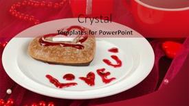  Presentation with coffee chocolate - Colorful slide deck enhanced with chocolate cookie in form of heart with cup of coffee on pink tablecloth close-up backdrop and a crimson colored foreground