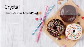  Presentation with donuts chocolate - Slide deck enhanced with chocolate cookies - colorful donuts on wooden table background and a white colored foreground