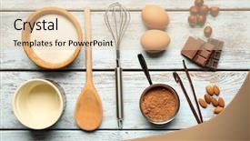 Presentation with utensils - PPT theme consisting of chocolate cookies - food ingredients and kitchen utensils background and a lemonade colored foreground