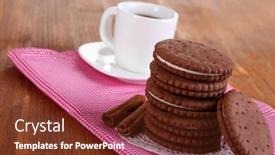  Presentation with coffe - Colorful PPT theme enhanced with chocolate cookies with creamy layer and cup of coffe on wooden table close-up backdrop and a tawny brown colored foreground