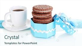  Presentation with coffe - Slides enhanced with chocolate cookies with creamy layer and cup of coffe isolated on white background and a cool aqua colored foreground