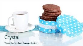  Presentation with coffe - Presentation theme with chocolate cookies with creamy layer and cup of coffe isolated on white background and a sky blue colored foreground