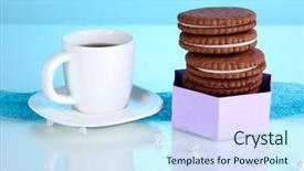  Presentation with coffe - Audience pleasing PPT theme consisting of chocolate cookies with creamy layer and cup of coffe on blue background backdrop and a sky blue colored foreground