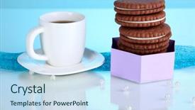  Presentation with coffe - Slides enhanced with chocolate cookies with creamy layer and cup of coffe on blue background background and a sky blue colored foreground