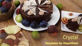  Presentation with table grape - PPT layouts featuring chocolate cream brownie cake layers slice topped with white chocolate and cream flowers decorated with fruits apple plum and grape on plate on wooden table with big whole cake background and a tawny brown colored foreground