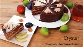  Presentation with table grape - Cool new PPT theme with chocolate cream brownie cake layers slice topped with white chocolate and cream flowers decorated with fruits apple plum and grape on plate on wooden table with big whole cake backdrop and a red colored foreground