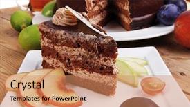  Presentation with table grape - Presentation design enhanced with chocolate cream brownie cake layers slice topped with white chocolate and cream flowers decorated with fruits apple plum and grape on plate on wooden table with big whole cake background and a coral colored foreground