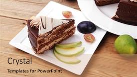  Presentation with table grape - Presentation theme enhanced with chocolate cream brownie cake layers slice topped with white chocolate and cream flowers decorated with fruits apple plum and grape on plate on wooden table with big whole cake background and a coral colored foreground