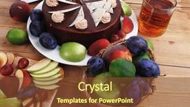  Presentation with table grape - Presentation design enhanced with chocolate cream brownie cake layers slice topped with white chocolate and cream flowers decorated with fruits apple plum and grape on plate on wooden table with big whole cake background and a tawny brown colored foreground