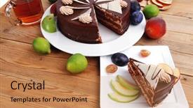  Presentation with table grape - Audience pleasing slide set consisting of chocolate cream brownie cake layers backdrop and a coral colored foreground