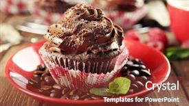  Presentation with cupcakes - Presentation design featuring chocolate cupcakes on saucer closeup background and a  colored foreground