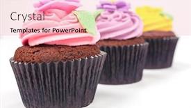  Presentation with purple rose - Slide set with chocolate cupcakes or cup cakes with icing or frosting pink purple yellow with green leaves rose and floral decorations photographed on a white background background and a lemonade colored foreground