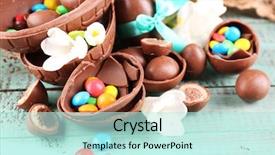  Presentation with easter - Audience pleasing slide set consisting of chocolate easter eggs with flowers backdrop and a sky blue colored foreground