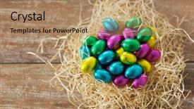  Presentation with confectionery - Audience pleasing slide set consisting of chocolate eggs in foil wrapper backdrop and a coral colored foreground