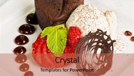  Presentation with chocolate dessert - Amazing PPT layouts having chocolate flan with strawberries and chocolate a wonderful dessert backdrop and a red colored foreground