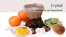  Presentation with white chocolate - Slide set enhanced with chocolate fondue with marshmallow candies and fruits isolated on white background and a soft green colored foreground