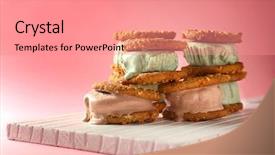  Presentation with ice cream food truck - PPT layouts enhanced with chocolate ice cream cookie sandwiches background and a coral colored foreground