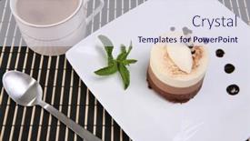  Presentation with chocolate dessert - Presentation with chocolate mocha flavored cake tart dessert on a plate with coffee background and a sky blue colored foreground