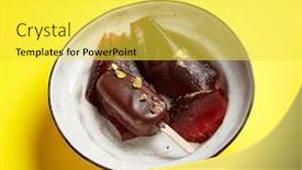  Presentation with confectionery - Presentation design featuring chocolate-mousse-dessert-top-view background and a yellow colored foreground