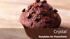  Presentation with muffin - Presentation design with chocolate muffin and coffee grains on wooden background background and a tawny brown colored foreground