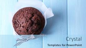  Presentation with muffin - Colorful slides enhanced with chocolate muffin on color wooden background backdrop and a light blue colored foreground