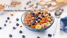  Presentation with chocolate nuts - Slide set consisting of chocolate oatmeal porridge with blueberry nuts banana dried apricot for healthy breakfast top view background and a lemonade colored foreground
