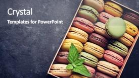  Presentation with copy space - Presentation theme with chocolate orange marble cake - colorful macaroons in a gift background and a gray colored foreground