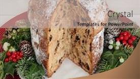  Presentation with christmas chocolate - PPT layouts featuring chocolate panettone christmas cake with holly mistletoe ivy fir pine cones on a red plate on distressed wood background background and a soft green colored foreground