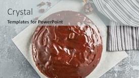  Presentation with chocolate dessert - Presentation design having chocolate-pie-with-cottage background and a light gray colored foreground