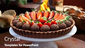  Presentation with sweets - Amazing slide deck having chocolate-pie-with-strawberries backdrop and a tawny brown colored foreground