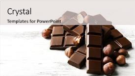  Presentation with chocolate nuts - Slide set consisting of chocolate pieces with nuts on color wooden background background and a light gray colored foreground