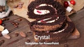  Presentation with roll - Slide set with chocolate roll with cream and berries on table close up background and a tawny brown colored foreground