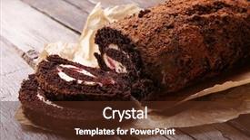  Presentation with roll - Beautiful theme featuring chocolate roll with cream and berries on table close up backdrop and a tawny brown colored foreground