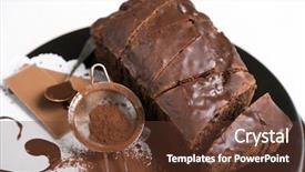  Presentation with baking cake - Slide deck consisting of chocolate sliced cake with icing and cocoa powder on baking dish over white table background and a tawny brown colored foreground