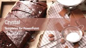  Presentation with powdered - Colorful presentation enhanced with chocolate sliced cake with icing and powdered sugar on a tray backdrop and a coral colored foreground