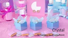  Presentation with baby shower - Colorful PPT layouts enhanced with chocolate theme - baby shower favors on table backdrop and a lavender colored foreground