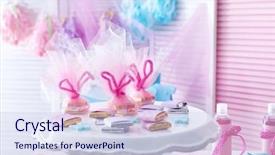  Presentation with baby shower - Slides having chocolate theme - stand with baby shower favors background and a sky blue colored foreground